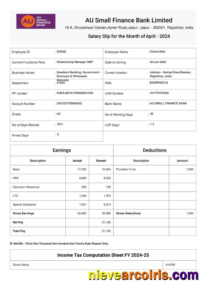 AU Small Finance Bank salary slip